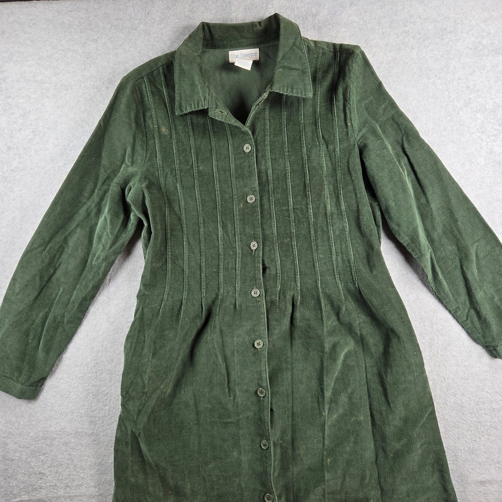 The Paragon Corduroy Maxi Dress Womens Medium Green Pintuck Button Front